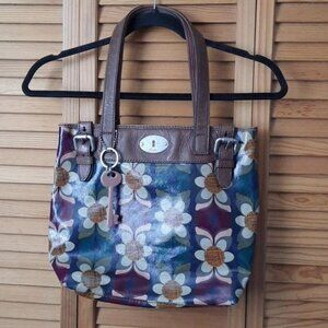 Fossil Key-Per Leather Blue Purple Daisy Print Tot Shoulder Handbag